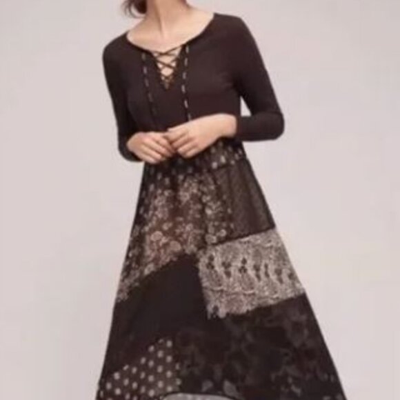 Maeve Dresses & Skirts - Anthropologie Maeve Patchwork Paisley Floral Belle Noir Black Midi Dress Size M